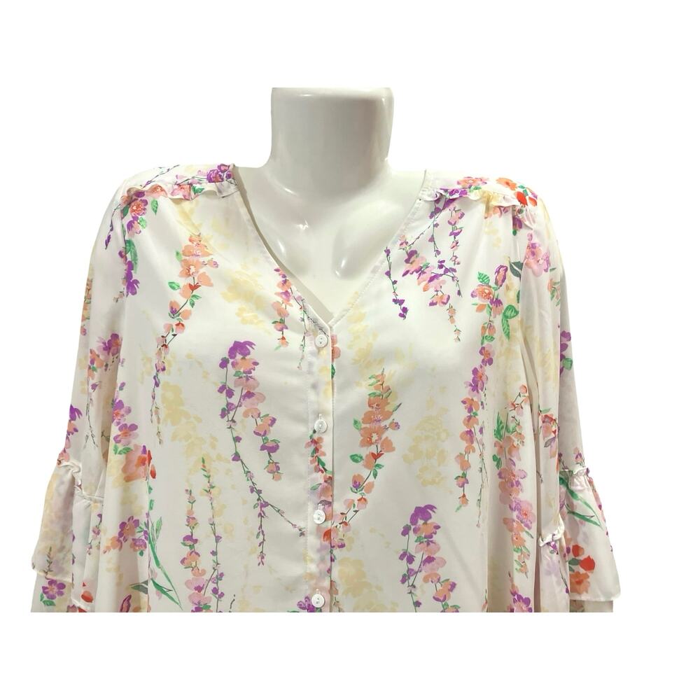 Belle by Kim Gravel Women's Floral Print V-Neck Blouse w/ Flutter Sleeves SZ S - Picture 3 of 9